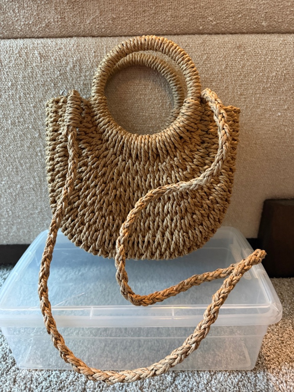 Woven Straw Circle-Handle Crossbody Bag in Natural